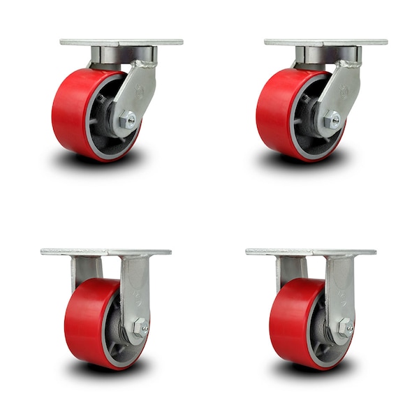 6 Inch Heavy Duty Red Poly on Cast Iron Wheel Caster Swivel 2 Rigid SCC, 2PK